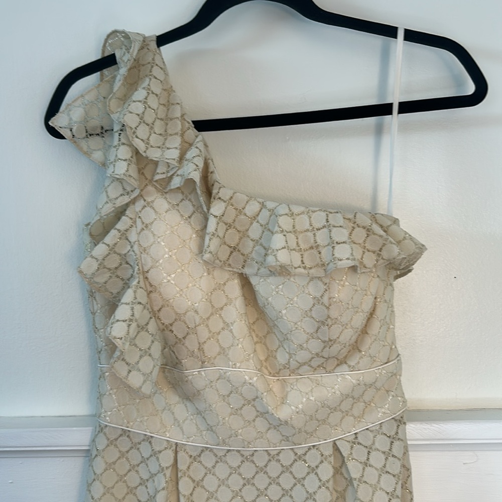 Antonio Melani Champagne Patterned One Shoulder Ruffle Dress size 0 - Picture 2 of 8